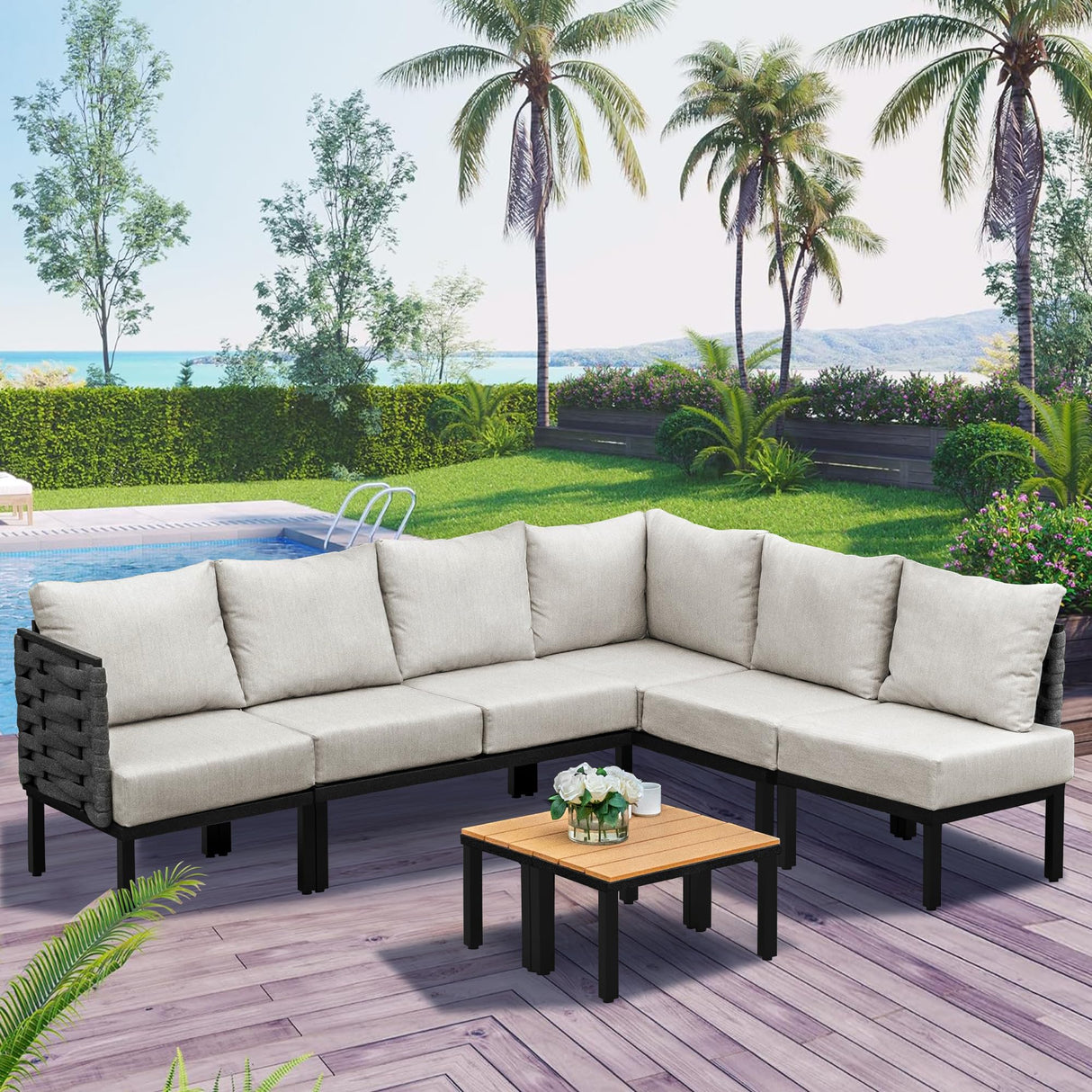 PIZZELLO 8 Pieces Outdoor Patio Furniture Sets, Outdoor Conversation Sets Sectional Sofa with 6" Thick Cushions and 2 Coffee Tables, Convertible Modular Patio Sofa for Backyard, Garden, Deck PIZZELLO