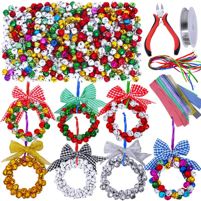 14 Sets Wreath Tree Ornaments Craft Kit with Ribbons, Bows and Bells Assortment for Kids Holiday Winter Bracelets and Necklaces