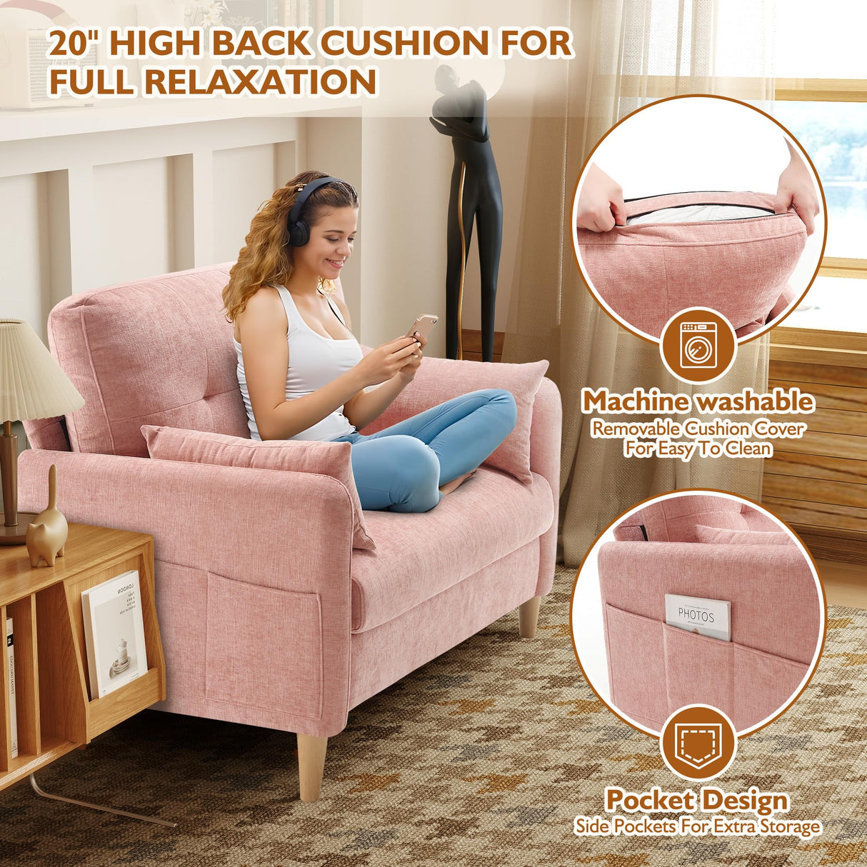 Urhanherry 47" Small Sofa Couch for Bedroom, Soft Chenille loveseat Mini Couch with Throw Pillow and Removable Cushion Cover for Small Spaces, Living Room, Apartment, Dorm, Office(Pink) Urhanherry
