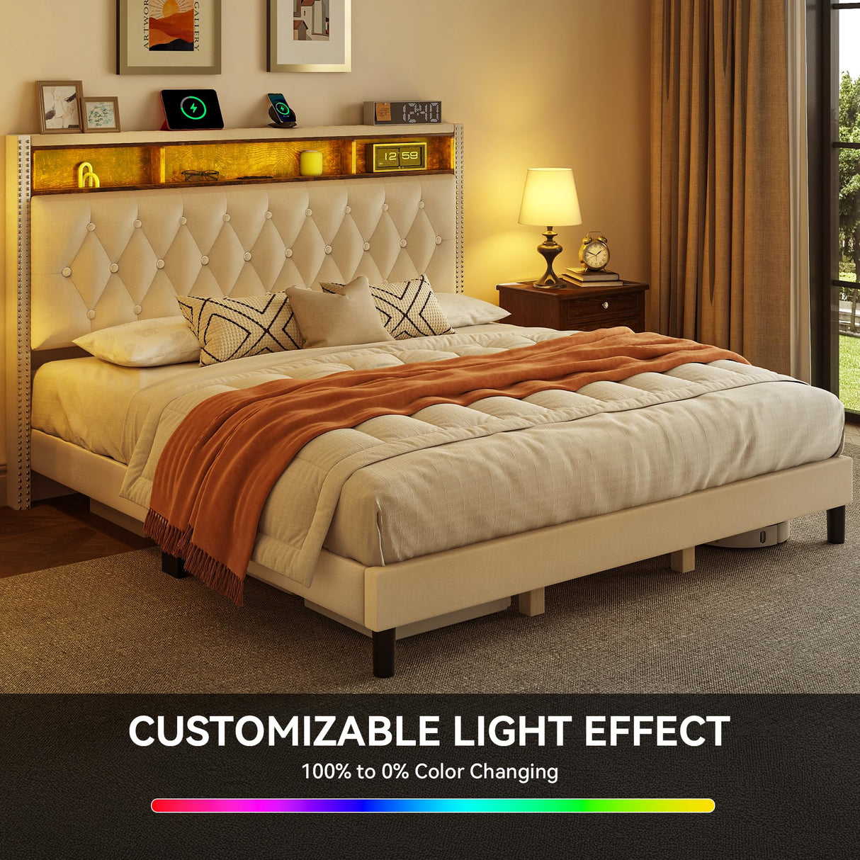 DWVO King Bed Frame with Upholstered Headboard, Platform Bed Frame with LED Lights & Charging Station, No Box Spring Needed, Beige DWVO