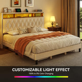 DWVO King Bed Frame with Upholstered Headboard, Platform Bed Frame with LED Lights & Charging Station, No Box Spring Needed, Beige DWVO