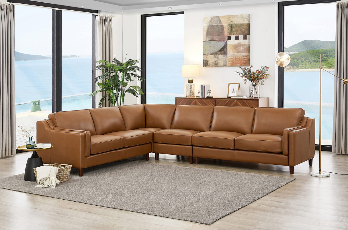 Hydeline Bella Top Grain Leather Sectional (L-Shape, Cognac), Feather Down, Memory Foam and Springs Seating Hydeline