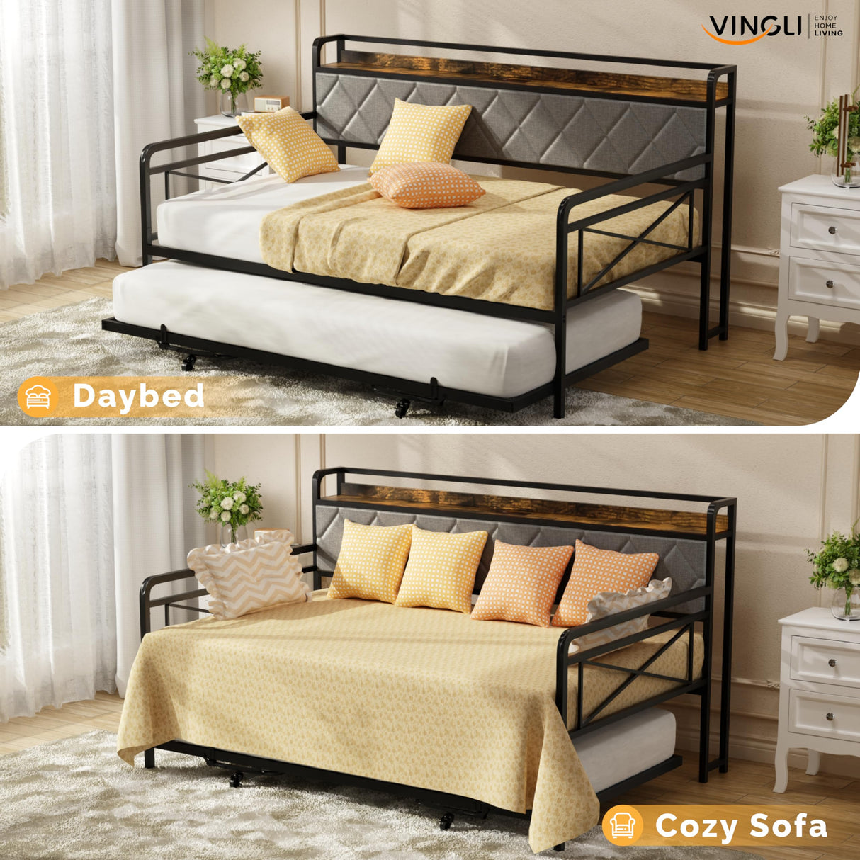 VINGLI Twin Daybed with Trundle Bed, Sofa DayBed with LED Light & Charing Station, Upholstered Bed Frame with Storage Headboard and Heavy Duty Metal Slats, for Living Room, Bedroom, Guest Room, Gray VINGLI
