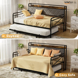 VINGLI Twin Daybed with Trundle Bed, Sofa DayBed with LED Light & Charing Station, Upholstered Bed Frame with Storage Headboard and Heavy Duty Metal Slats, for Living Room, Bedroom, Guest Room, Gray VINGLI