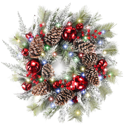 DDHS Christmas Wreaths for Front Door,24 Inch Pre-Lit Winter Wreath with Big Bells, Pine Cones, Red Berries 60 LED Lights, for Party Table Fireplaces Porch Walls New Years Christmas Home Decor-Snow