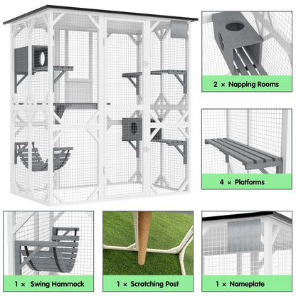 Large Wooden Catio, Outdoor Cat Enclosures for Multi Cats, 3-Tier Cat House with Swing, Resting Box, Cat Ball, Walk-in Cat Condo with Waterproof Roof, 64.9" L x 33.9" W x 69.6" H