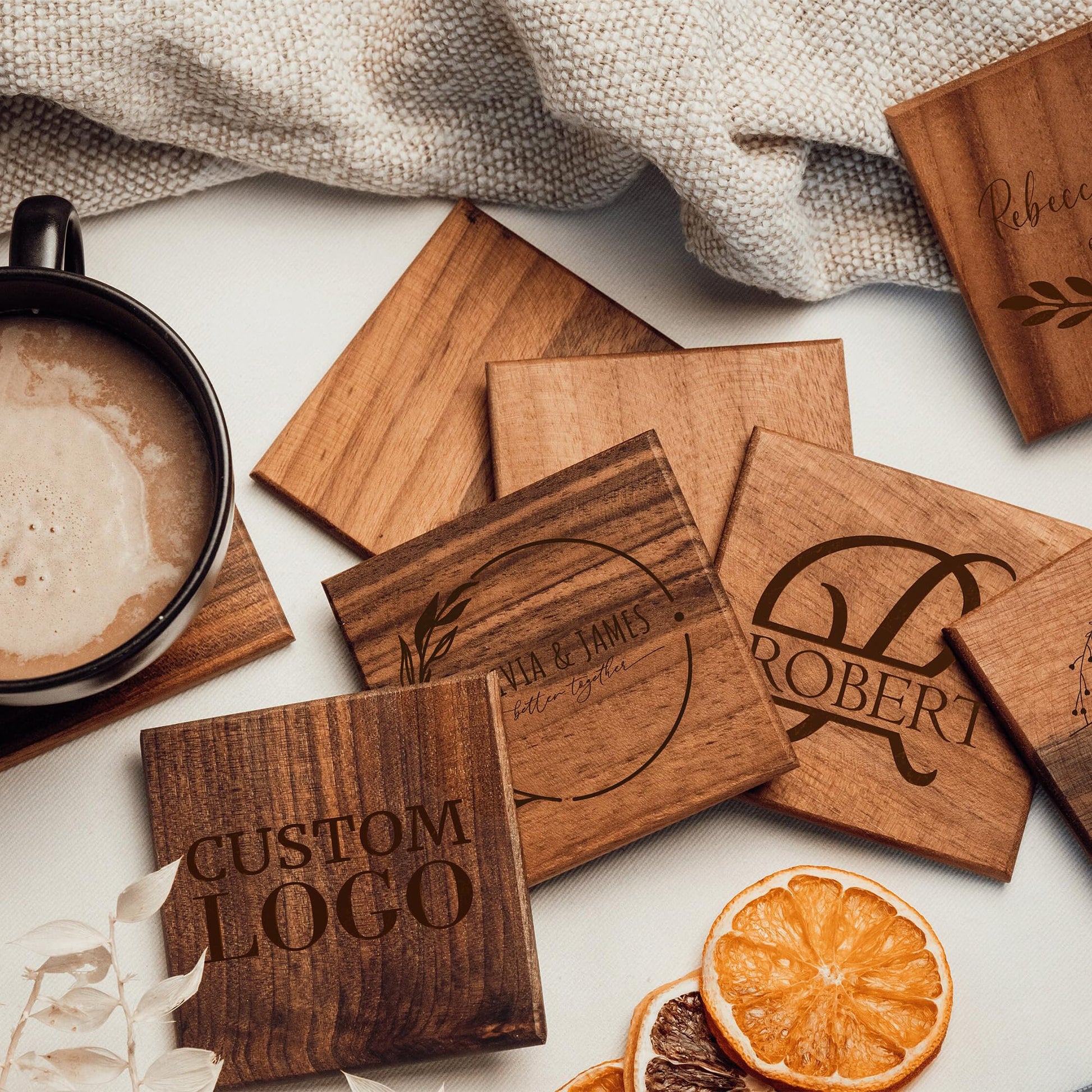 Logo Wooden Coaster, Engraved Wood Coaster, Custom logo Coaster, Walnut Wood Coaster, Business Gift, Corporate Gift, Office Table Decor (4" (10 cm) Square) - WoodArtSupply