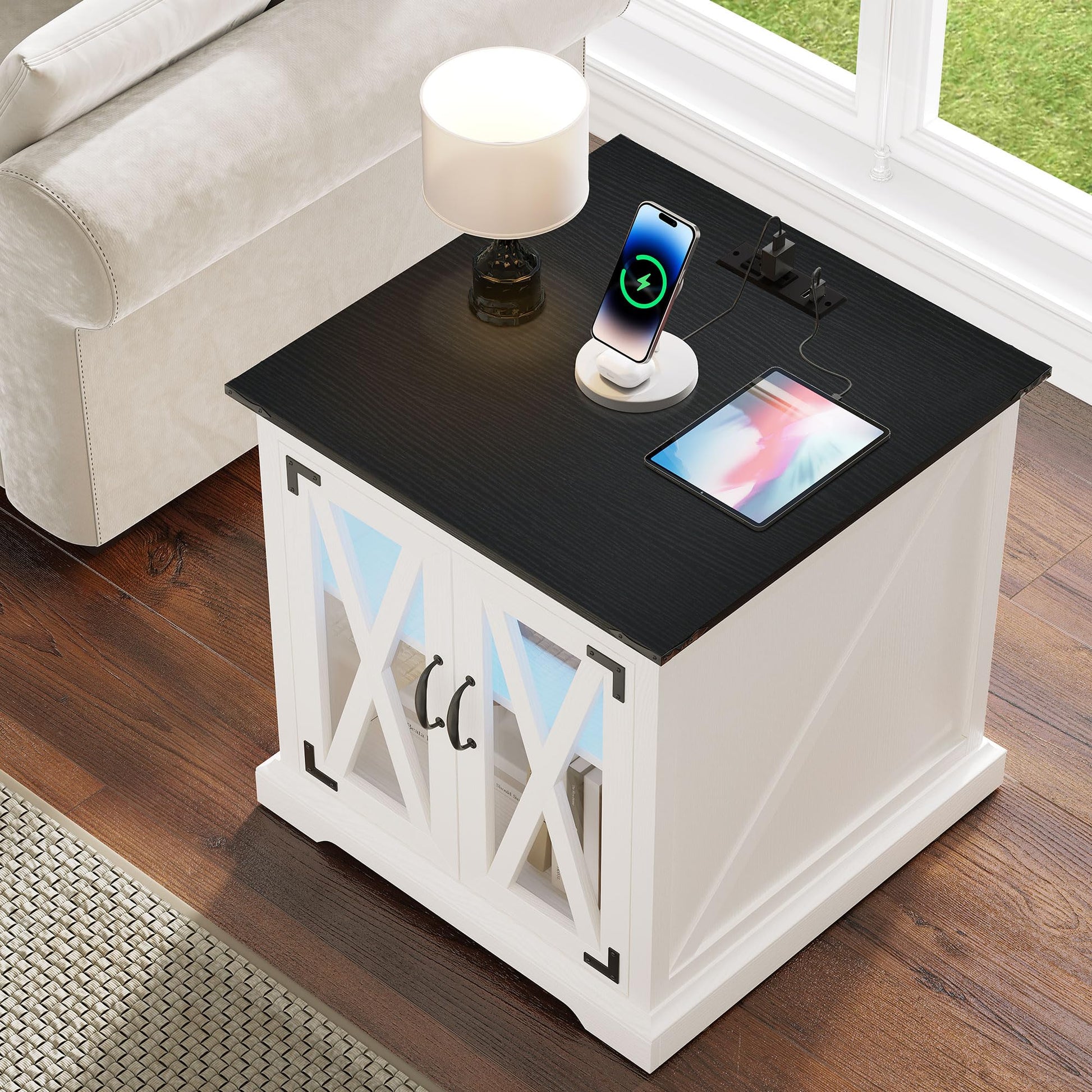 YITAHOME End Table, Farmhouse Sofa Side Coffee Table with Charging Station and LED Lights Bedside Table, Nightstand Storage for Living Room, Bedroom, Office, White - WoodArtSupply