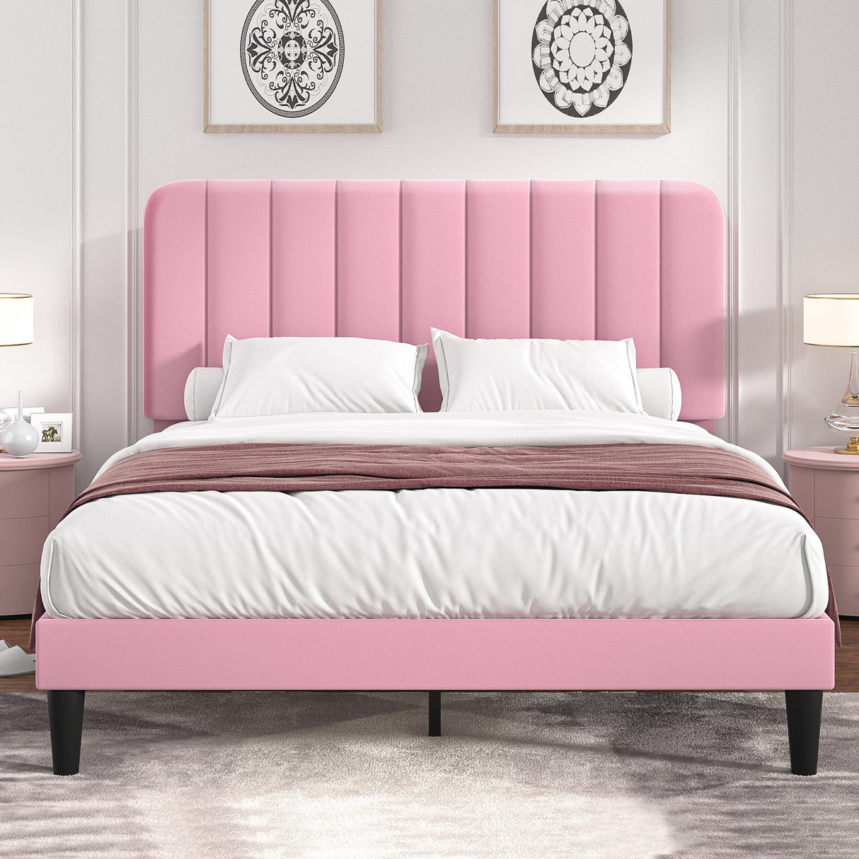 VECELO Queen Size Bed Frame with Upholstered Headboard, Velvet Platform Bedframe Mattress Foundation, Strong Wood Slat Support, No Box Spring Needed, Pink VECELO