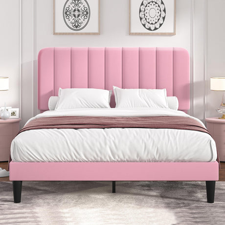 VECELO Queen Size Bed Frame with Upholstered Headboard, Velvet Platform Bedframe Mattress Foundation, Strong Wood Slat Support, No Box Spring Needed, Pink VECELO