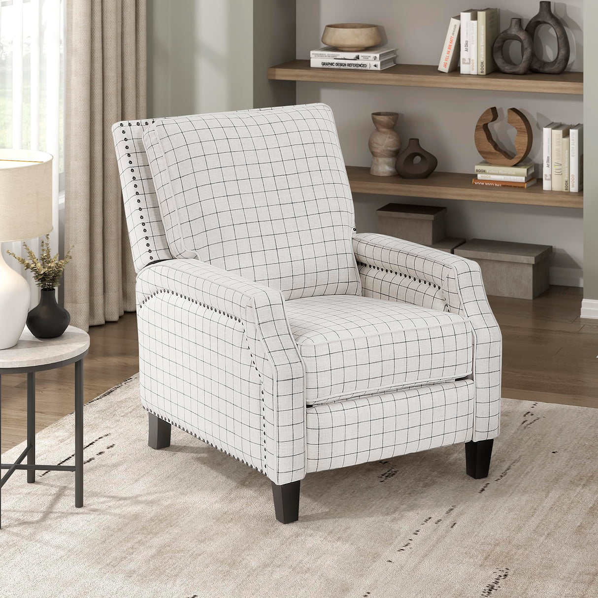 Lexicon Pushback Recliner Chair, Plaid Textured Fabric Armchair Push Back Reclining Chair, Nailhead Trim, Solid Wood Legs, Easy Assembly for Living Room/Office/Apartment, Off-White Lexicon