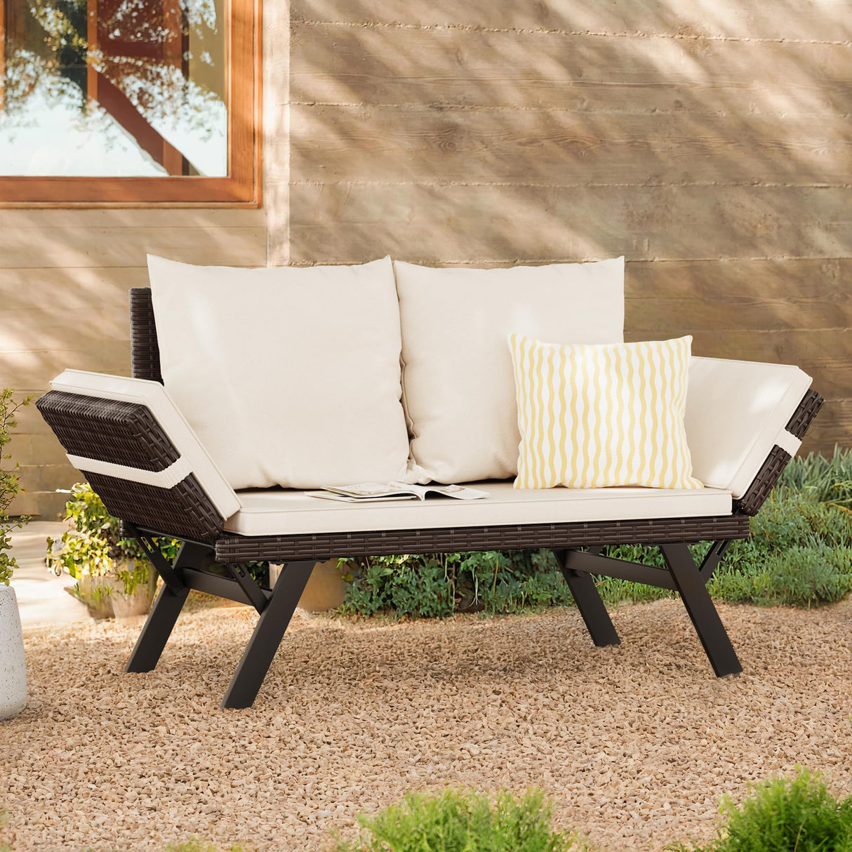 Flamaker Outdoor Convertible Sofa, Woven Rattan Patio Furniture Sunbed with Adjustable Armrests, Removable Cushions and Pillows for Patio, Porch, Pool (Brown Lounger & Beige Pillowcase) Flamaker