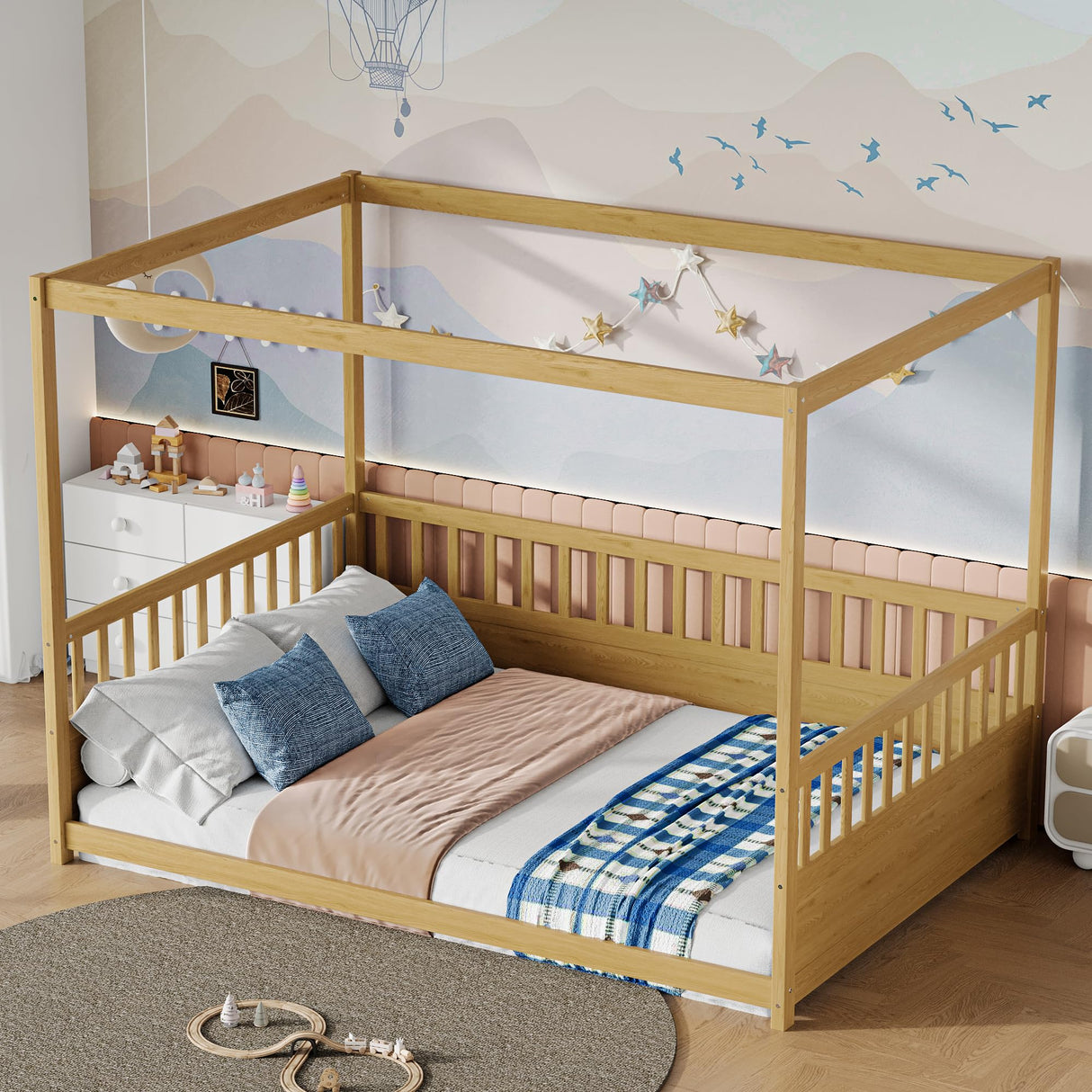 Full Size Canopy Bed Frame with 4 Posters and Guardrails, Full Size Montessori Floor Bed with High Fence, Natural Bellemave