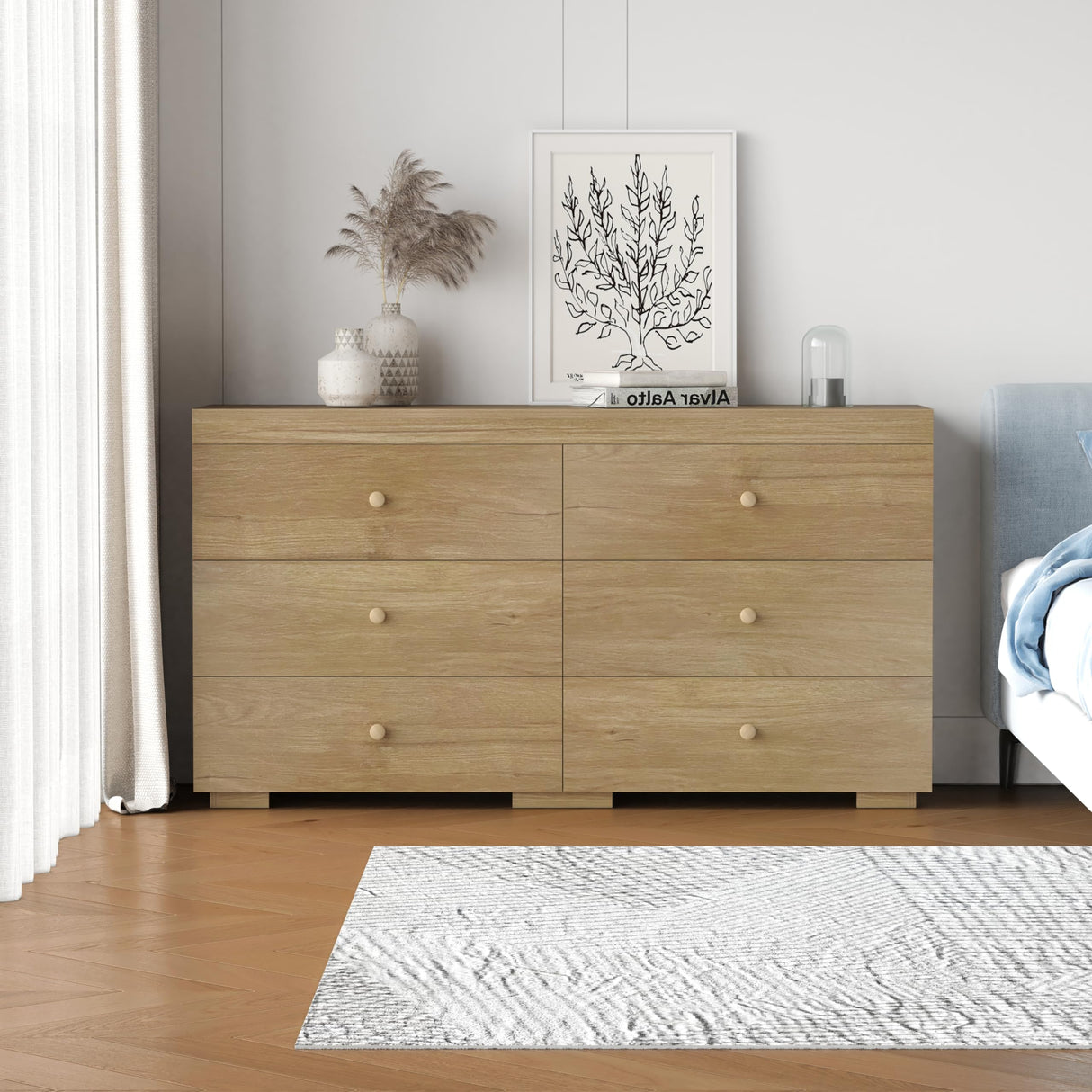 Zenflare Dresser for Bedroom 6 Drawer Wood Dresser 58.3" Wide, Large Chest of Drawers for Bedroom, Living Room, Hallway, Entryway, Modern TV Stand Drawer Organizer, Natural Oak Zenflare