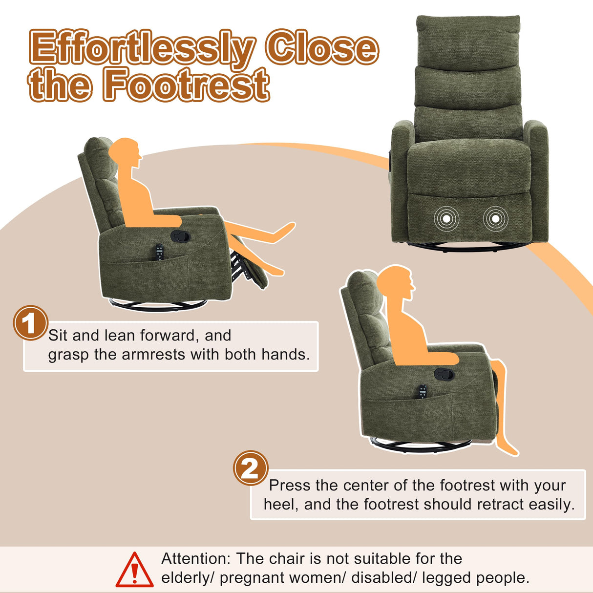 Manual Swivel Rocker Recliner Chair with Vibration Massage, Overstuffed Glider Chair with Lumbar Heat for Nursery, Living Room Reclining Sofa Chair, Chenille Fabric Green Luxlen