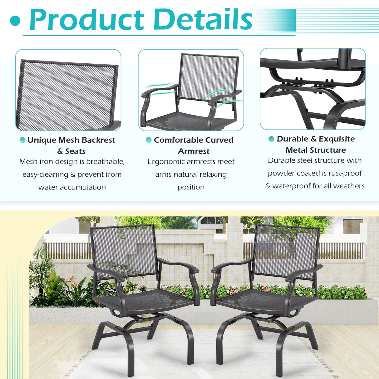 U-MAX Outdoor Patio Rocking Dining Chairs Set of 2, Outdoor Furniture Metal Frame Rocker Chair with15-Degree Rocking Function for Lawn Porch Garden Balcony (Dark Gray) U-MAX