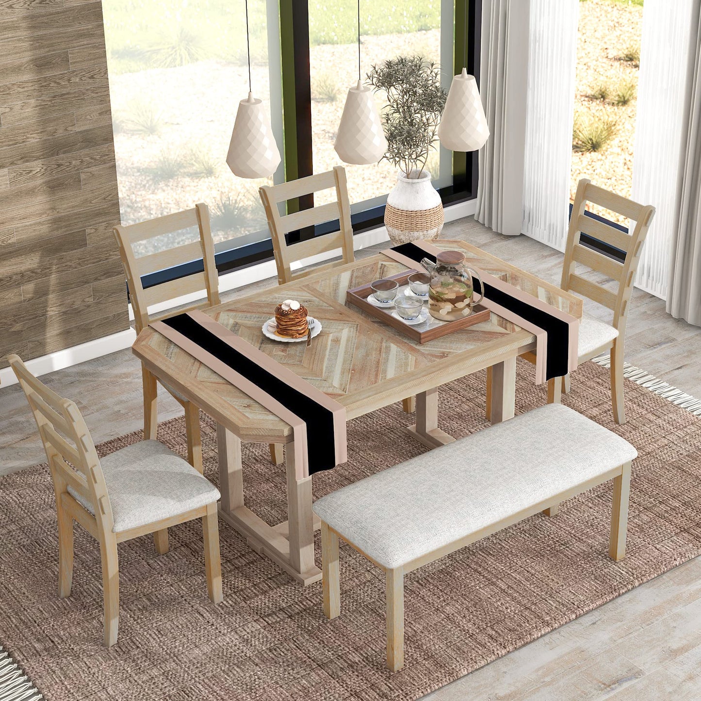 Lostcat Dining Table Set for 6, 6-Piece Rubber Wood Dining Table Set with Beautiful Wood Grain Pattern Tabletop and Soft Cushion, Dining Room Table Set for Living Room, Kitchen, Natural Wood Wash