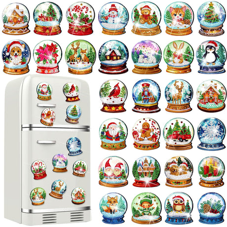 Motipuns 30 Pcs Christmas Magnetic Diamond Art Decor Crystal Ball Diamond Painting Magnets Kits Winter Adult DIY Art Fridge Magnet Refrigerator Sticker for Beginners Gifts Home Car Garage Decors Motipuns