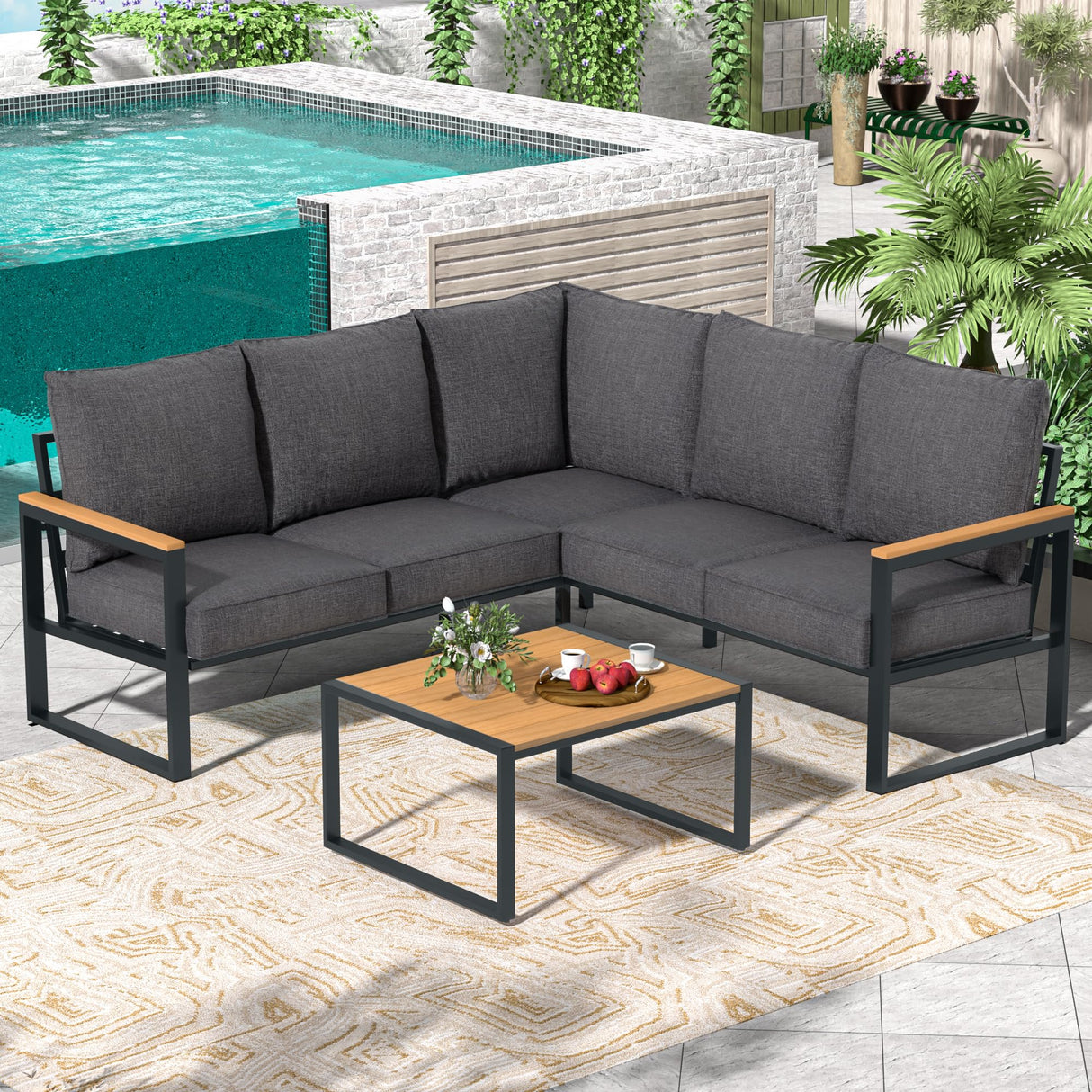 COMLAX FIELD Metal Patio Furniture Set, 6 Pieces Outdoor Sectional Sofa Set with Side Table, L Shape Patio Conversation Set with Faux-Wood Tabletop, Outdoor Couch for Balcony, Porch, Backyard, Grey COMLAX FIELD