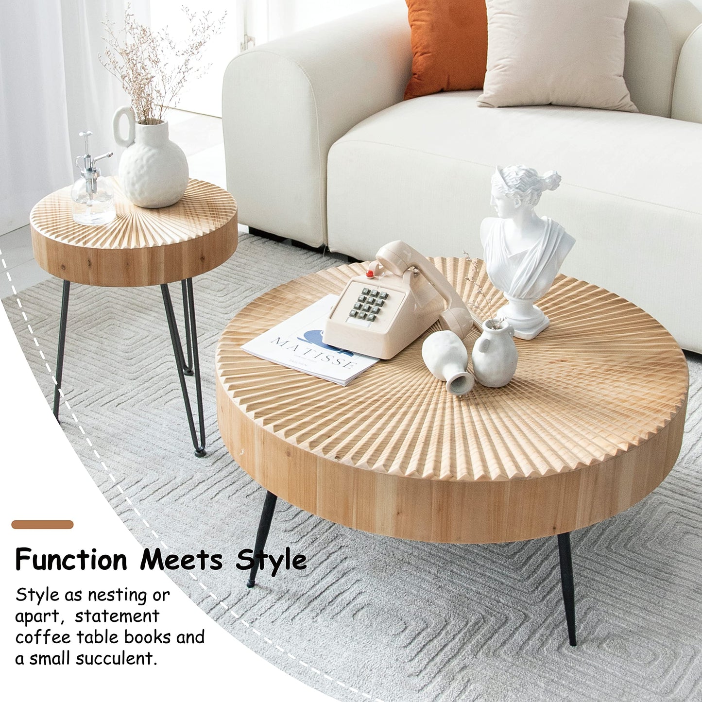 COZAYH 2-Piece Modern Farmhouse Coffee, Nesting Round Natural Finish with Handcrafted Wood Radial Pattern living room table sets, 31.5D x 31.5W x 14.2H - WoodArtSupply