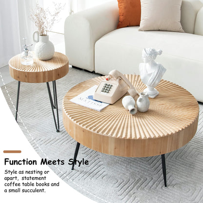 COZAYH 2-Piece Modern Farmhouse Coffee, Nesting Round Natural Finish with Handcrafted Wood Radial Pattern living room table sets, 31.5D x 31.5W x 14.2H - WoodArtSupply