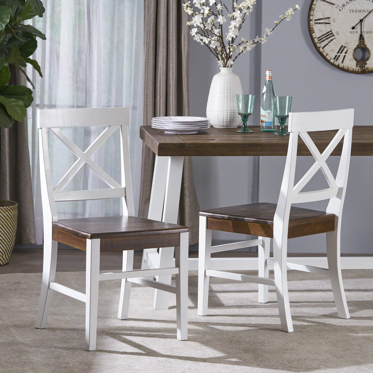 Christopher Knight Home Roshan Farmhouse Acacia Wood Dining Chairs, White / Walnut 21D x 17.75W x 35.5H Inch GDFStudio