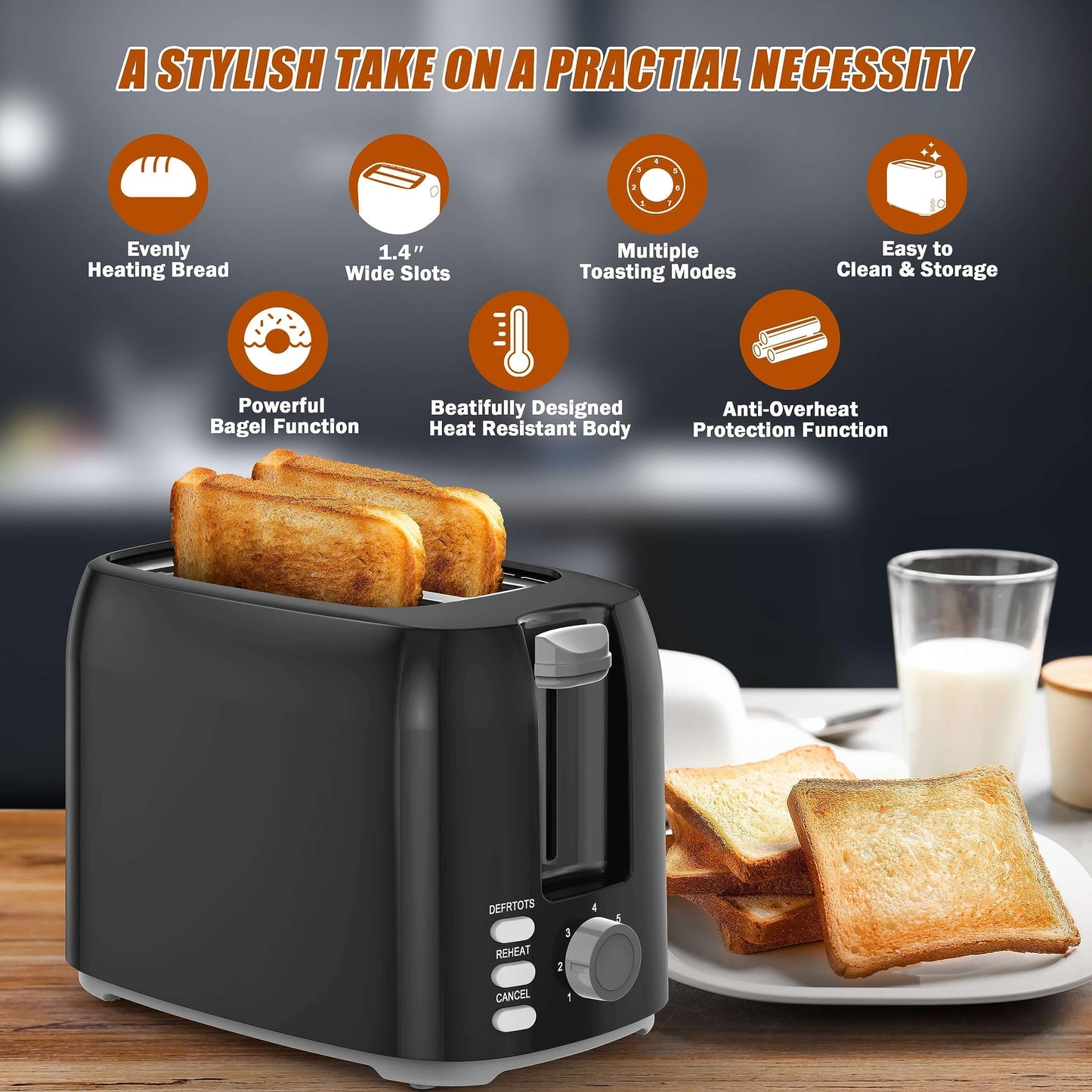 Toaster 2 Slice - Black Toaster Best Rated Prime Wide Slot 2 slice Toaster, 7 Bread Shade Settings, Removable Crumb Tray Compact Toaster Toasters the Best 2 Slice for Bagel Bread Waffle