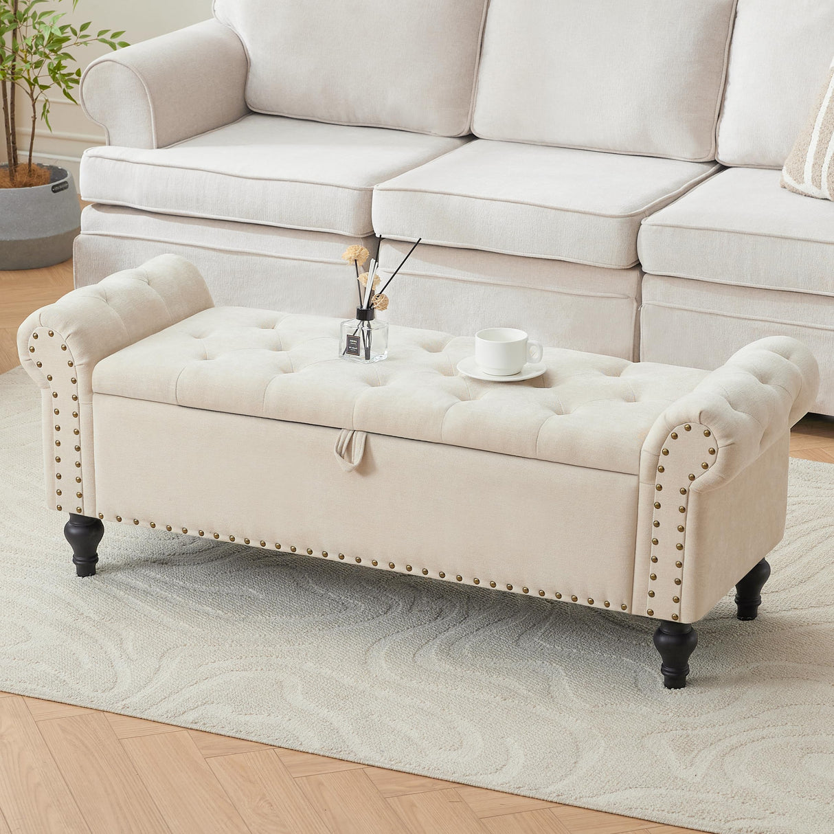 Howjoe 51" Bedroom Storage Bench, End of Bed Bench with Storage, Chenille Upholstered Benches, Ottoman with Storage, Window Benches with Rolled Arm and Nailhead Trim for Living Room, Entryway, Beige Howjoe