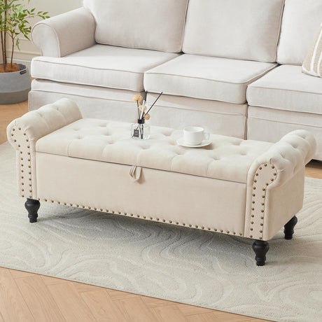 Howjoe 51" Bedroom Storage Bench, End of Bed Bench with Storage, Chenille Upholstered Benches, Ottoman with Storage, Window Benches with Rolled Arm and Nailhead Trim for Living Room, Entryway, Beige Howjoe