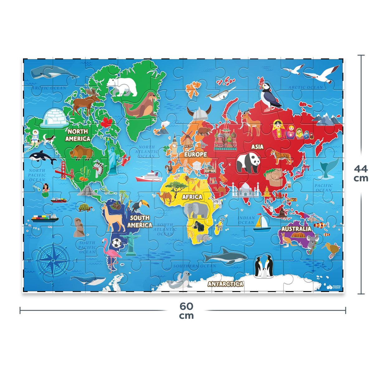 World Map Puzzle for Kids - 75 Piece - World Puzzles with Continents - Childrens Jigsaw Geography Puzzles for Kids Ages 4-8, 5, 6, 7, 8-10 Year Olds - Globe Atlas Puzzle Maps Momo & Nashi
