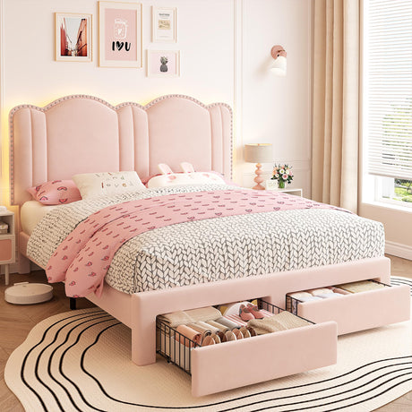 EnHomee Queen LED Bed Frame with 2 Storage Drawers,Upholstered Bed Frame Queen Size with Adjustable Cloud Headboard, Solid Wooden Slats, No Box Spring Required, Easy Assembly, Pink EnHomee