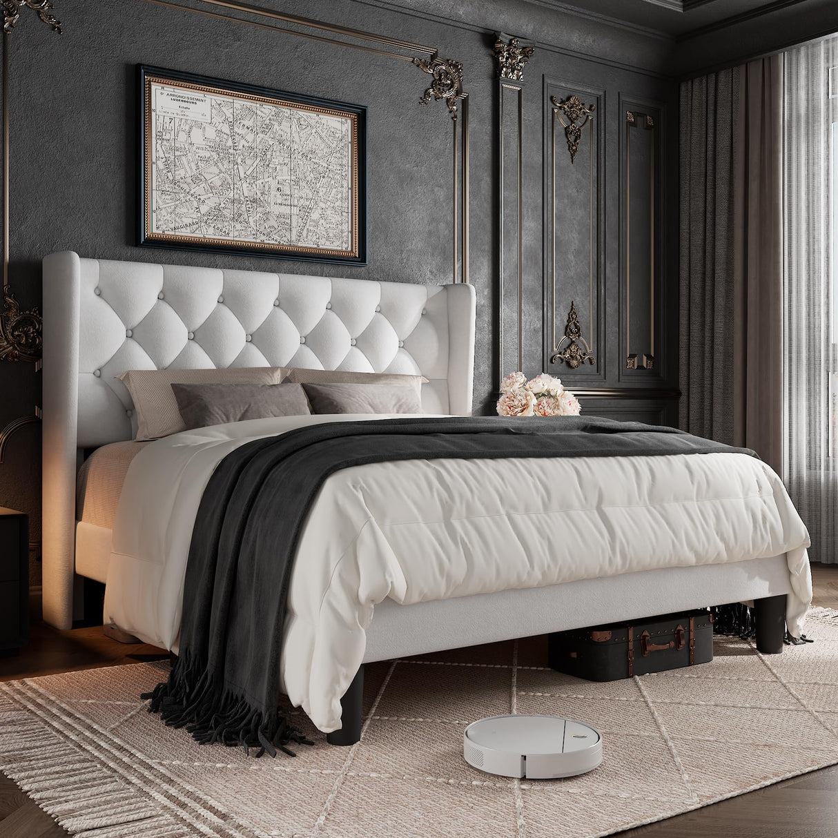 GalnFu Queen Size Bed Frame with Button Tufted Headboard, Upholstered Platform Bed Frame with UnderBed Storage, Wooden Slats Supports, Noise Free, No Box Spring Needed, Easy Assembly, White GalnFu