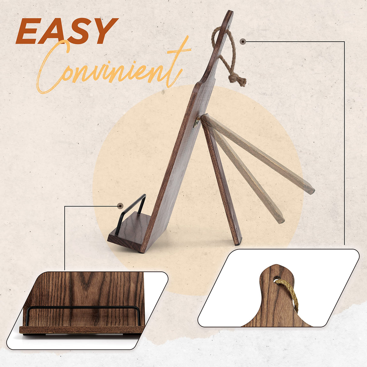 FANATU Cookbook Stand, Rustic Wood Cookbook Holder Cutting Board Style, Adjustable Recipe Ipad Tablet Book Holder and Stand for Kitchen with Anti-Slip Kickstand (Dark Brown) FANATU