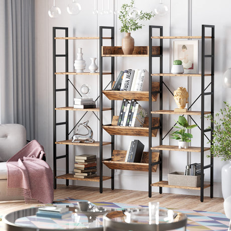 Triple Wide 5-Tier Industrial Style Bookshelf with Metal Frame and Open Shelves by IRONCK IRONCK