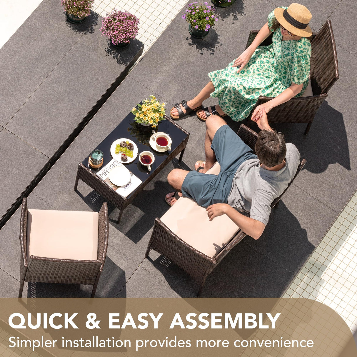 Devoko 4 Pieces Outdoor Patio Furniture Set, PE Rattan Wicker Chairs Balcony Lawn Porch Patio Furniture Sets with Beige Cushion and Table (Brown) Devoko