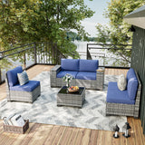 UDPATIO Patio Furniture Set, 8 Inch Armrest Outdoor Sectional Sofa, 6 Piece Wicker Outdoor Furniture Conversation Sets with Waterproof Cover and Coffee Table for Backyard Deck(Grey/Navy Blue) UDPATIO