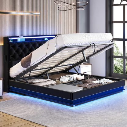 Ailisite Full Size Hydraulic Lift Storage Bed Frame with USB Charging Station & LED Lights in Black - WoodArtSupply