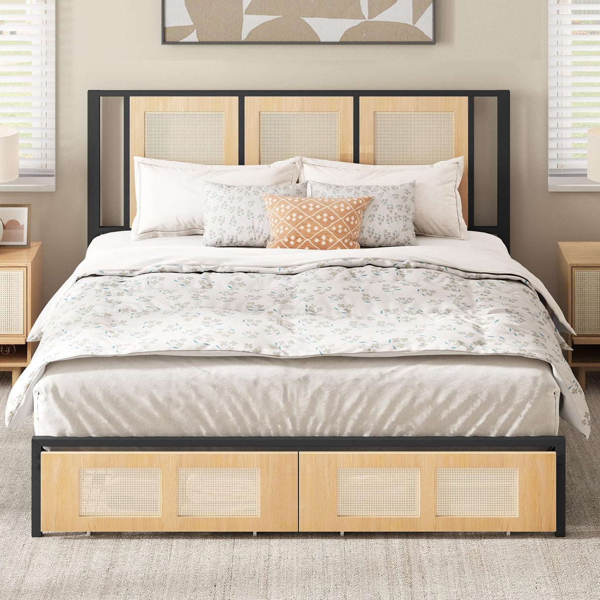YITAHOME Natural Rattan Bed Frame Queen Size Headboard & Footboard with 2 Storage Drawers, Boho Cane Platform Bed with Strong Metal Slat, Noise Free, No Box Spring Needed YITAHOME