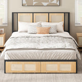 YITAHOME Natural Rattan Bed Frame Queen Size Headboard & Footboard with 2 Storage Drawers, Boho Cane Platform Bed with Strong Metal Slat, Noise Free, No Box Spring Needed YITAHOME