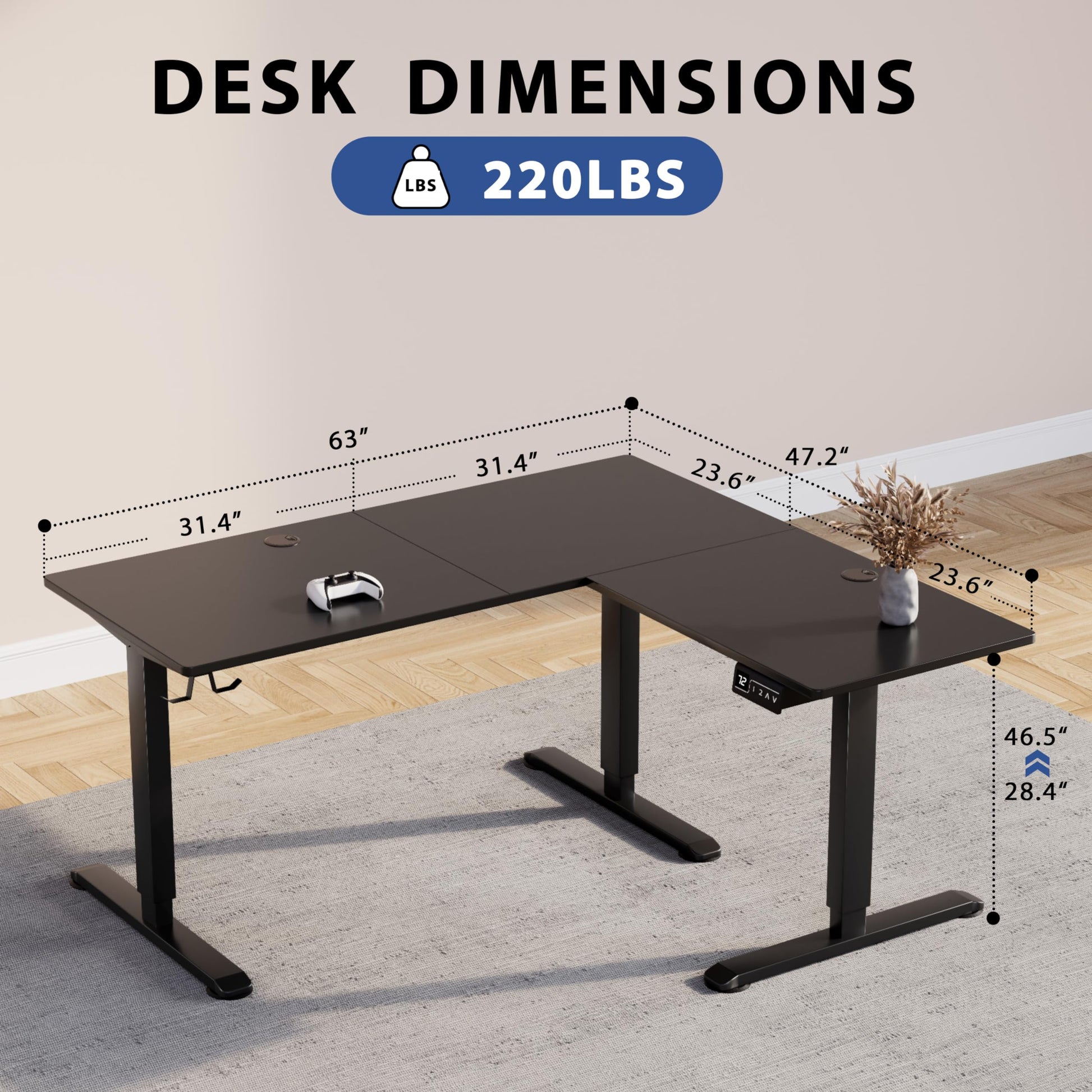 Shahoo L-Shaped Electric Standing Desk, 63 x 48 Inches Height Adjustable Coner Table, Home Office Computer Workstation, Black, 63 x 48 Inch - WoodArtSupply