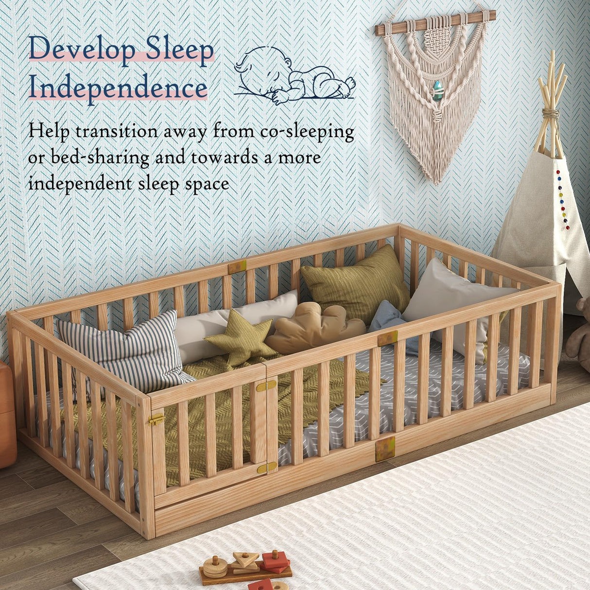 Tatub Montessori Twin Floor Bed with Safety Guardrails - Versatile Nature Wood Frame Tatub