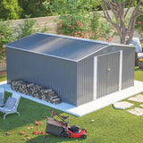 YOPTO 12x14FT Outdoor Storage Shed Metal Shed W/Floor Frame,Garden Tool House W/ 4 Air Vents,Lockable Double Doors & Sloped Roof,for Patio,Lawn,Backyard,Light Gray YOPTO