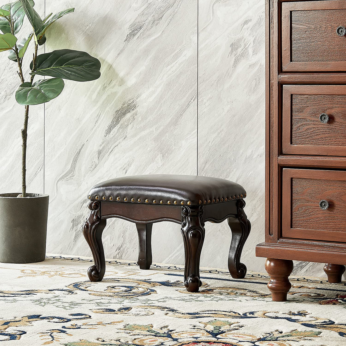 LKZ Foot Stool Microfiber Leather Ottoman Wooden Vintage Stool Small Sofa Stool Footrest Stool for Living Room Bedroom (Black-Brown) LKZ