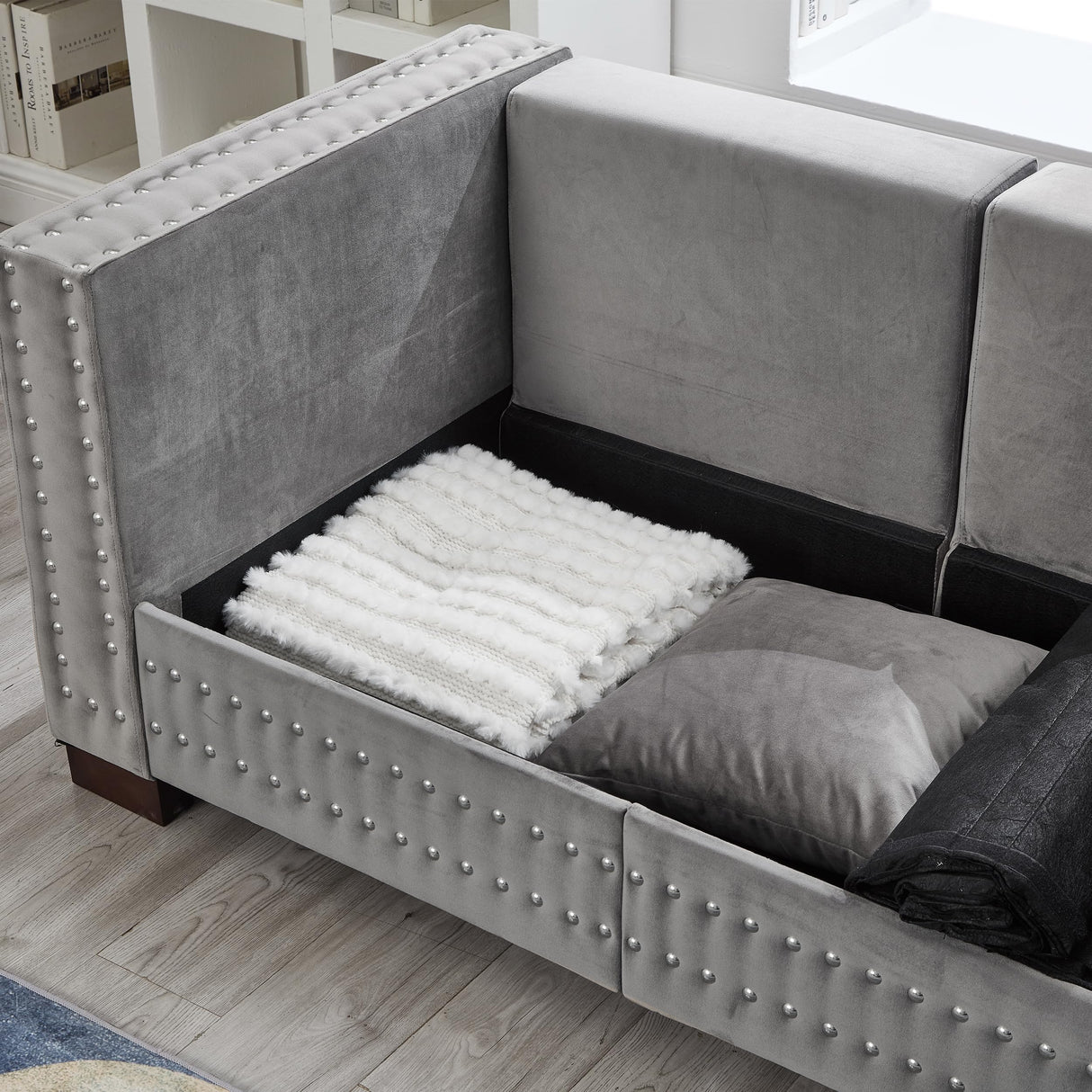 84.5" Wide 3-Seater Velvet Sofa with Storage, Mid Century Modern Chesterfield Couch, Upholstered Love Seat with Deep Seat & Retro Trim Gray Velvet Couch for Living Room, Office, Apartment (Grey) SLEERWAY