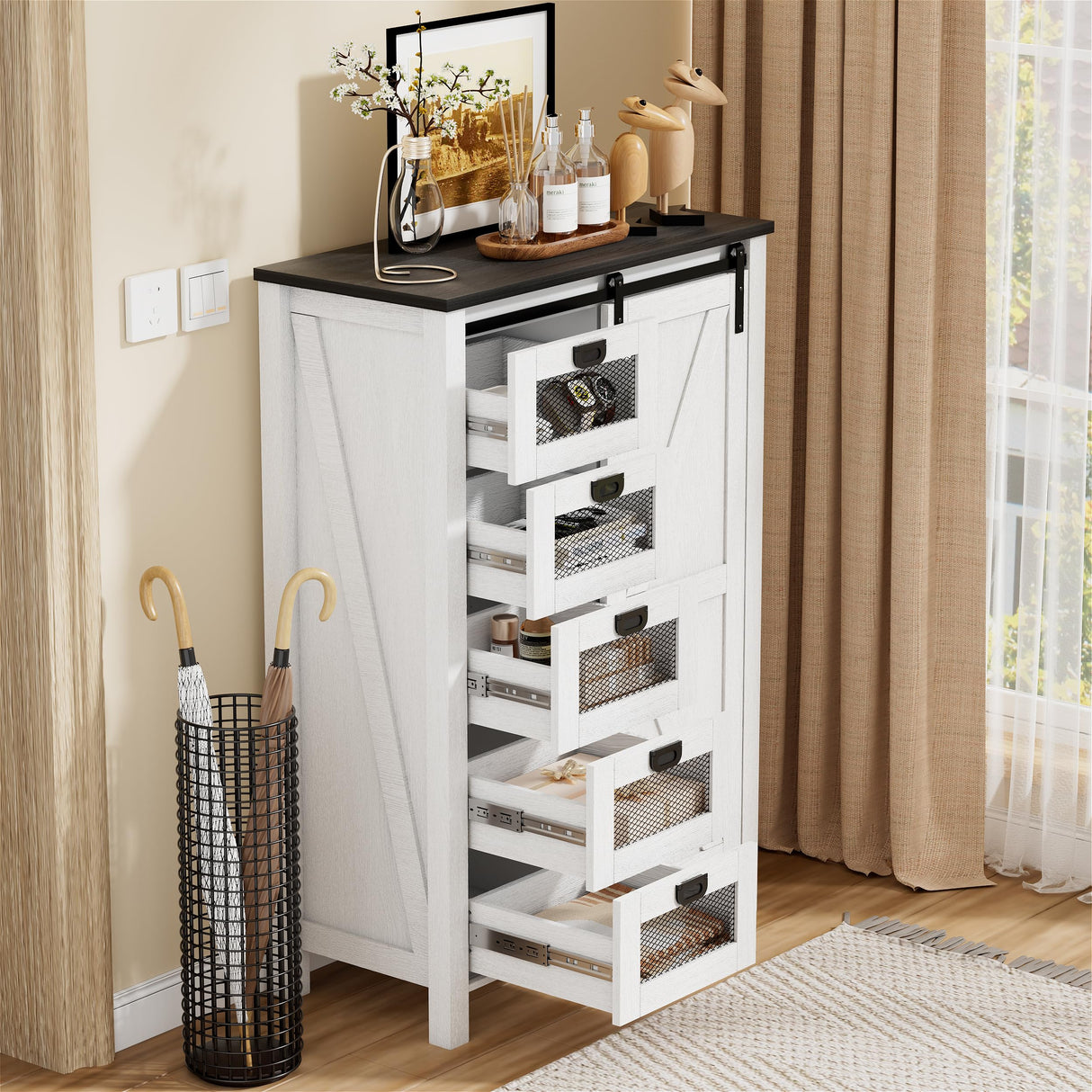 SDMY 5 Drawers Dresser for Bedroom w/Sliding Barn Door, 5 Drawer Tall Dresser, Farmhouse Chest of Drawers, Storage Organizer Dresser for Bedroom, Hallway, Living Room, Kids Room (White) SDMY