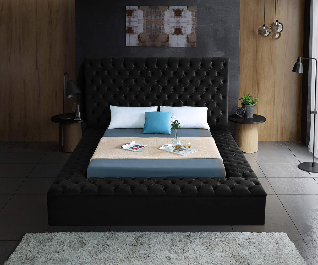 Meridian Furniture Bliss Collection Modern | Contemporary Velvet Upholstered Bed with Deep Button Tufting and Storage Compartments in Rails and Footboard, Black, King Meridian Furniture