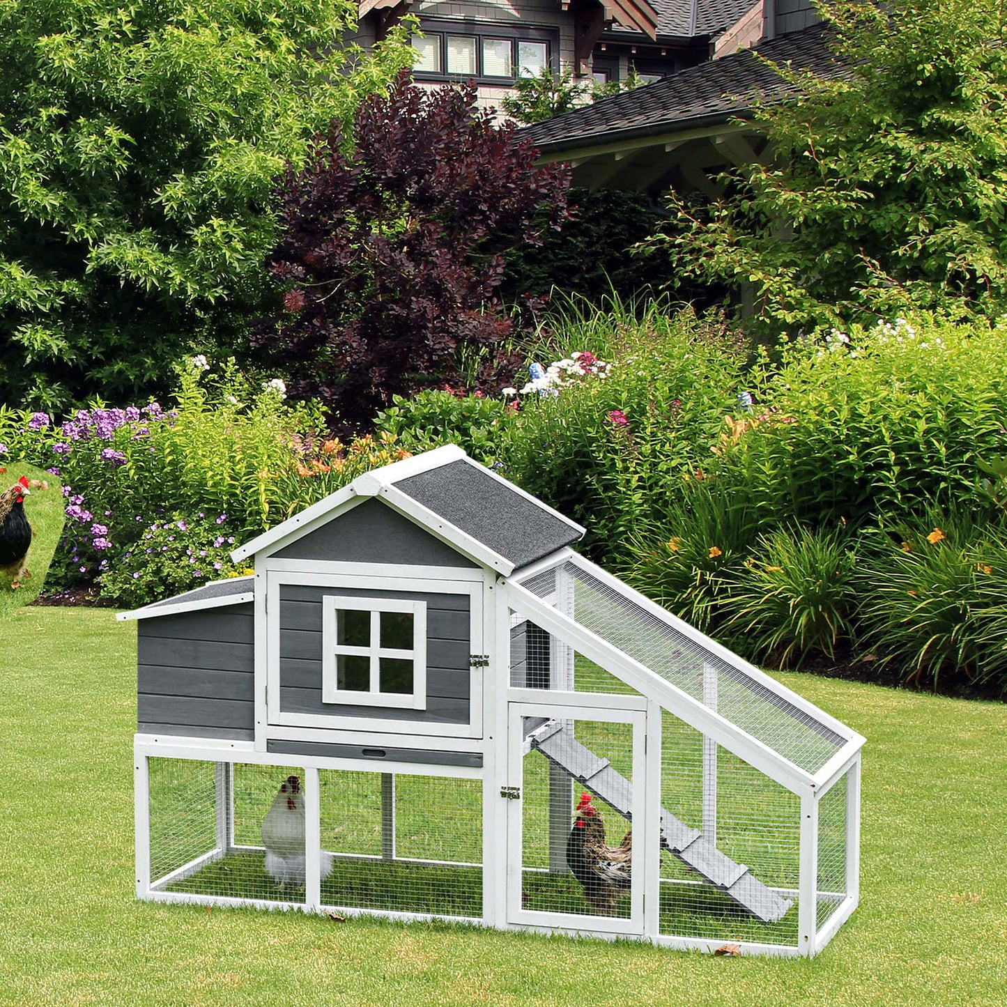 PawHut 69" Wooden Chicken Coop, Poultry Cage Hen House with Connecting Ramp, Removable Tray, Ventilated Window and Nesting Box, White - WoodArtSupply