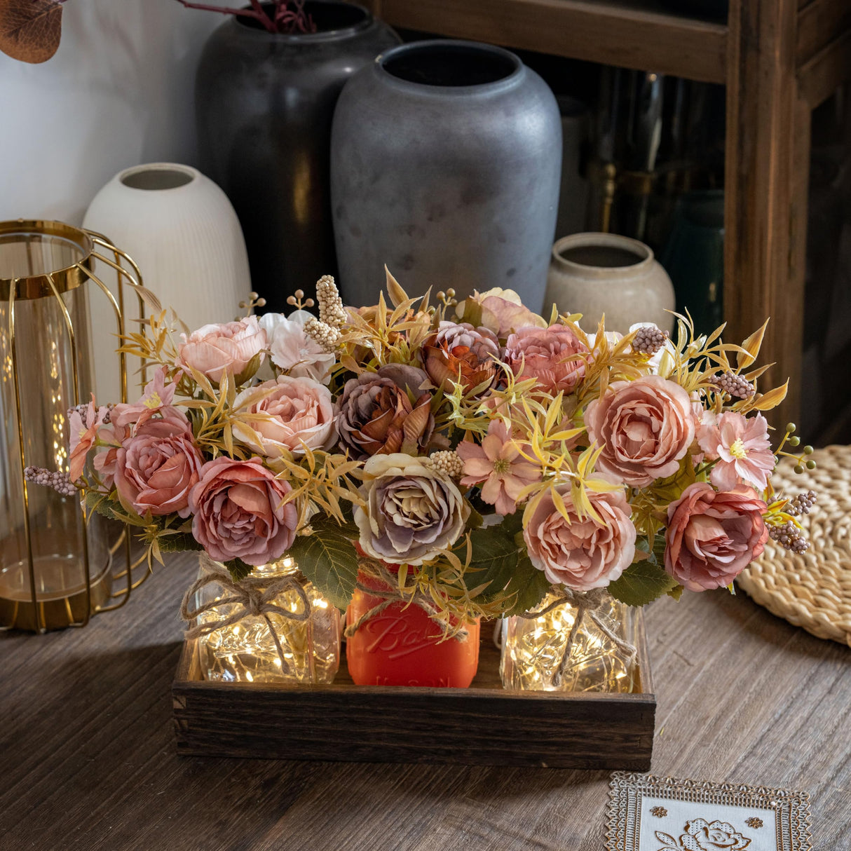 LUEUR Fall Mason Jar Centerpiece for Table with Artificial Flowers, Set of 3 Pink & Brown Faux Rose Floral Farmhouse Painted Decorative Jars for Thanksgiving Autumn Kitchen Home Decor, Dinner Table LUEUR