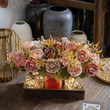 LUEUR Fall Mason Jar Centerpiece for Table with Artificial Flowers, Set of 3 Pink & Brown Faux Rose Floral Farmhouse Painted Decorative Jars for Thanksgiving Autumn Kitchen Home Decor, Dinner Table LUEUR