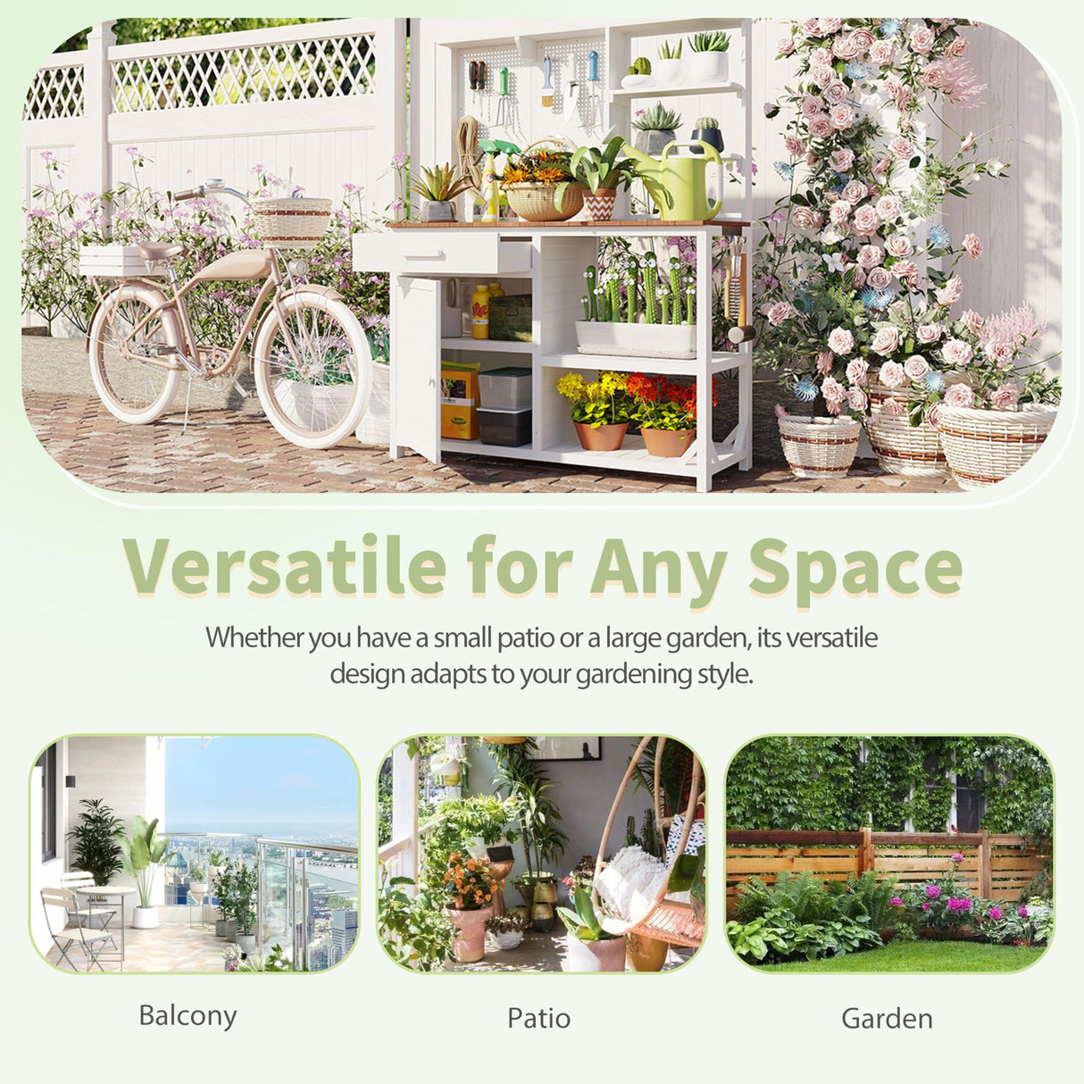 Garden Potting Bench Table with Hutch, Outdoor Wooden Workstation with 4 Shelves, Drawer, Cabinet and Hooks, White RuiSiSi